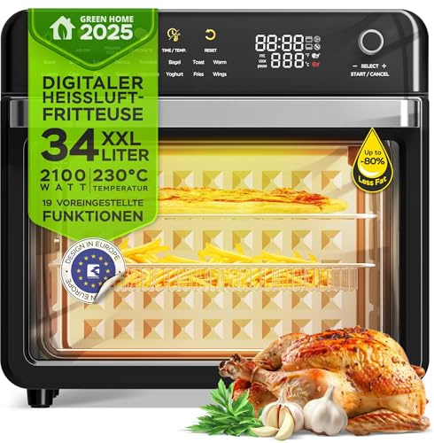 TurboTronic Multi-Smart-Ofen - 19in1 Heißluftofen & Heißluftfritteuse 2100W Power 34L bis 0,5 kg Pommes Mini-Backofen mit Dörrfunktion 40-230°C Grill Airfryer Dörrautomat schwarz