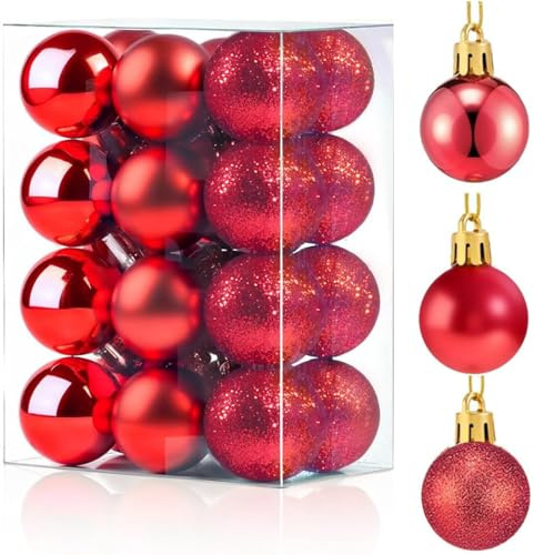 X-YSUNEAS Rote Weihnachtsbaum Kugeln, 24 Stück Matte Glitter Weihnachtskugeln Kunststoff Weihnachtsbaum Dekoration für Heim Urlaub Dekoration Geschenk (3cm)