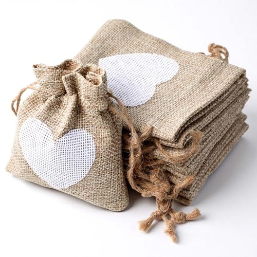 LIQWEI 10 Stück Kleine Säckchen Zum Befüllen, 10x8cm Kleine Leinensäckchen | Jutesäckchen mit Kordelzug Geschenksäckchen mit Herz Schmuckbeutel Lavendelsäckchen für Hochzeit Geburtstag Party DIY Basteln