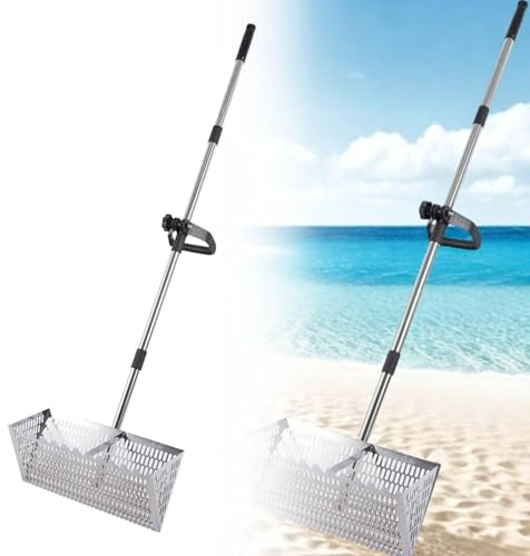 Rastrello per pulci in acciaio inox, setaccio per sabbia da spiaggia con cestello largo da 40 cm a denti di squalo, rastrello staccabile con manico lungo per spiaggia (un set)