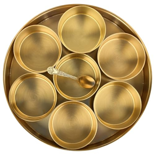 ANCIENTIMPEX Brass Spice Box (Masala Dabba) with 7 Bowls, Spoon & Lid - Traditional Indian Masala Daani for Kitchen, Spice Organizer & Storage Box (8 Inch)