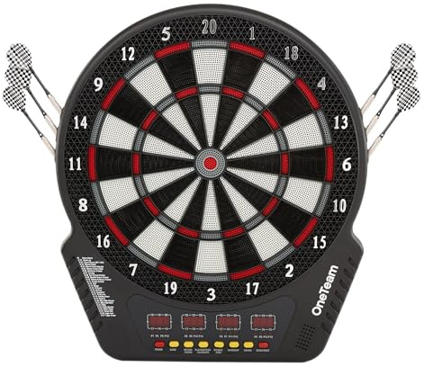 ONETEAM TargetJoy elektronische Dartscheibe 35 cm, 27 Spiele/243 Varianten, 4 LED-Anzeigen, 16 Spieler, Netz-/Batteriebetrieb, 24 Pfeilspitzen, Master In/Out, Soundmodus