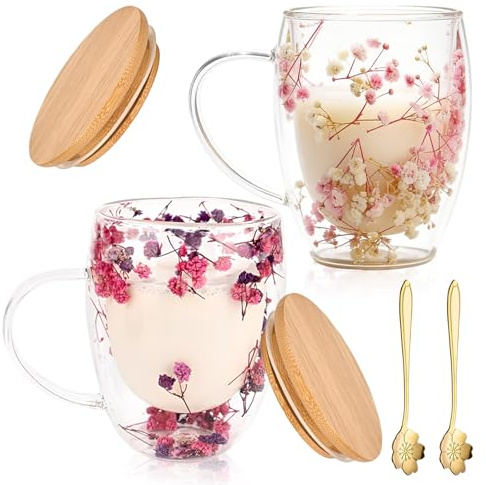 2 Stück 350ML Blumen Doppelschicht Glasbecher,Doppelwandi Glasbecher Tasse Mit Löffel,Deckel,Klar Doppelwandige Gläser,Kaffeetasse Mit Trockenblumen,Getrocknete Blumen Doppelwandige Tassen Für Milch