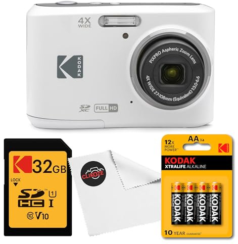 Kodak PIXPRO FZ45 Digital Camera (White) Bundle with 32GB Class 10 SDHC Memory Card, Kodak AA Xtralife Batteries (4-Pack) and Clikoze Lens Cloth