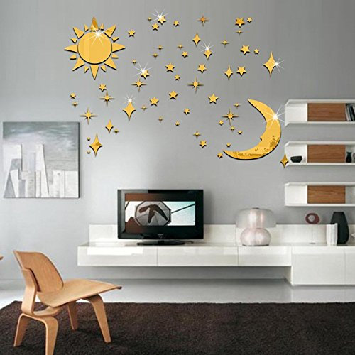 3D-Wandaufkleber, Sonne, Mond und Sterne, Spiegeleffekt, Wandsticker für Kinderzimmer, Goldfarben, 36 Stück