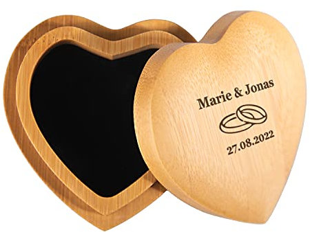 Geschenke 24 Ringbox - Ringkissen mit Deckel Hochzeit Mit Gravur (Ringmotiv, Bambusholz) - Gravierte Ringträger Für Ringe Mit Namen Und Datum Trauung Verlobung