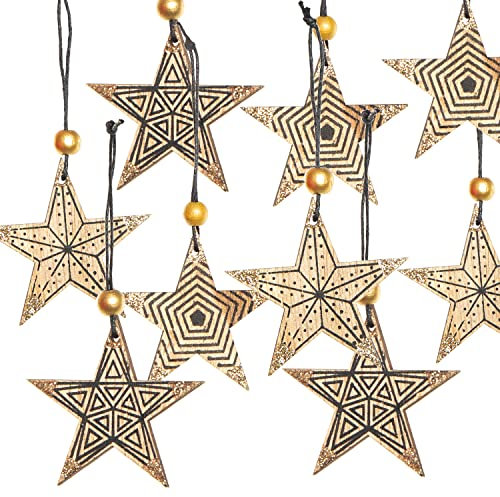 Logbuch-Verlag Set 9 Holz Sterne Anhänger mit Schnur zum Aufhängen Natur schwarz Gold Weihnachtsanhänger 7 cm Holzsterne Weihnachten Dekoration