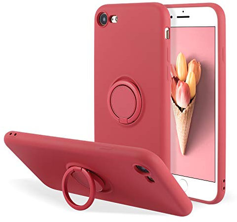 UEEBAI Silicone Coque avec Ring pour iPhone 7 Plus/iPhone 8 Plus, Etui Fin et léger Absorption des Chocs Housse Mince avec Bague 360 Degrés Rotation Stand Protection Cover Bumper Case, Rose Rouge