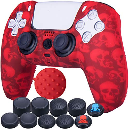 9CDeer 1 x Stück Schutzfolie Transferdruck Silikon Dick Hülle + 10 Thumb Grips für Playstation 5 / PS5 Controller Schädel rot