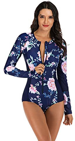 Beachkini Einteiliger Damen-Badeanzug Langarm-Badeanzug mit Frontreißverschluss Triangel-Badeanzug Badeanzüge,06,S
