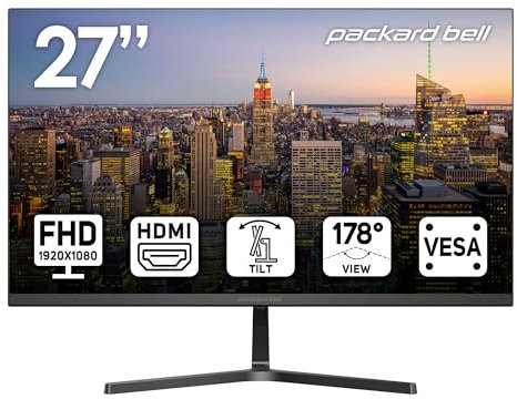 Packard Bell Monitor FHD da 27 pollici 1920 x 1080, 75 Hz, 5 ms, ultrawide, montaggio VESA, regolazione inclinazione, HDMI e VGA, giochi e ufficio