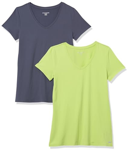 Amazon Essentials T-Shirt Tecnica Scollo V Elasticizzata Asciugatura Rapida (Anche in Taglie Forti) Donna, Pacco da 2, Grigio Ardesia/Verde Lime, S