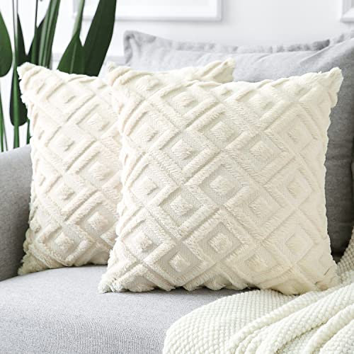 Sungeek 2er Set Sanft Plüsch Kurze Wolle Samt Kissenbezüge, Dekorativ Boho Zierkissenbezüge Luxus Kissenbezug Zuhause Deko Kissenhülle für Sofa Couch Schlafzimmer Wohnzimmer (Creme Beige, 40x40cm)