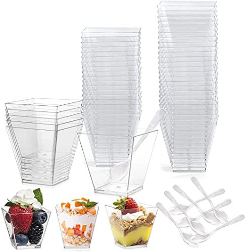WANGZAIZAI 50 Stück Desserttasse, 2 OZ / 60ML Dessertschalen Set, DIY Plastik Dessertbecher,Wiederverwendbar Trapezoid Becher für Zuhause, Desserts,Picknick, Party