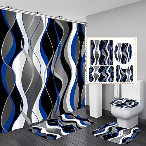 Nkzply 4-teiliges Duschvorhang-Set in Blau und Schwarz gestreift, grau und weiß, Moderne Heim-Badezimmerdekoration, Duschvorhänge mit Teppichen und WC-Deckelbezug