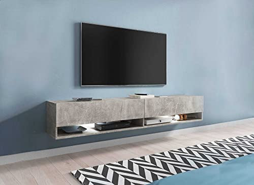 DecoInParis Meuble TV Suspendu 2 Portes 2 niches béton Romane XXL - 180 cm