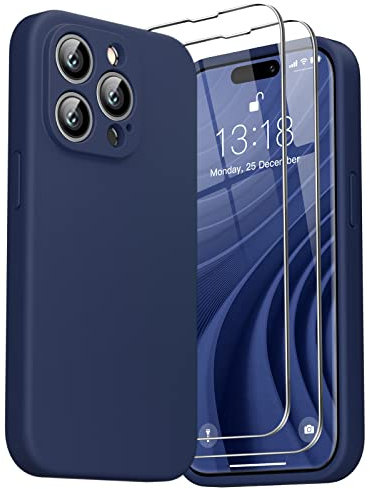 GOODVISH 3 in 1 Designed for iPhone 14 Pro Max 6.7 Liquid Silicone Case 2022, with 2 Pack Screen Protector, [Enhanced Camera 360° Full Protection] Shockproof Anti-Scratch Slim Phone Cover, Navy Blue