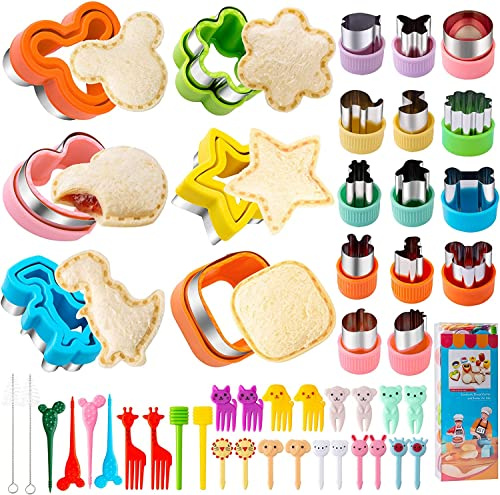 Ausstechformen Ausstecher Brot und Gemüse 48 Stück, Plätzchen Toast Weihnachten Ausstecher mit Food Picks Obstgabeln, Dinosaurier Stern Quadrat Herz