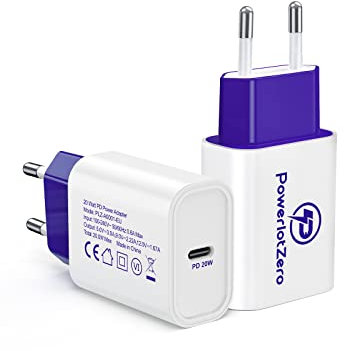 Chargeur USB C Rapide iPhone 20W - PowerlotZero 2 Pack PD 3.0 Type C Mural Adaptateur Secteur Compatible avec iPhone 14/14 Plus/14 Pro/14 Pro Max/13/13 Pro/13 Pro Max/13 Mini/12/11, iPad, Pixel