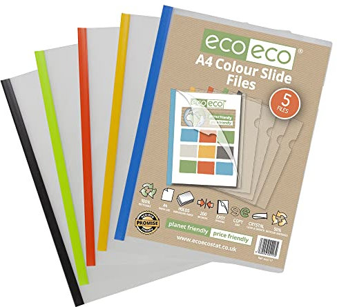 eco-eco A4 50% Recycled Bag 5 Easy Slide Files, Coloured Clip bar Project Report, eco117, Pack of 5