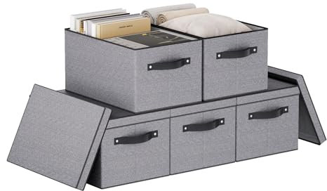 YheenLf 5 Pack Aufbewahrungsbox mit Deckel, Faltbare Stoffbox mit Griff, Kleiderschrank Organizer, Verwendet für die Aufbewahrung von Kleidung,Bücher,Grau,38×25×21cm
