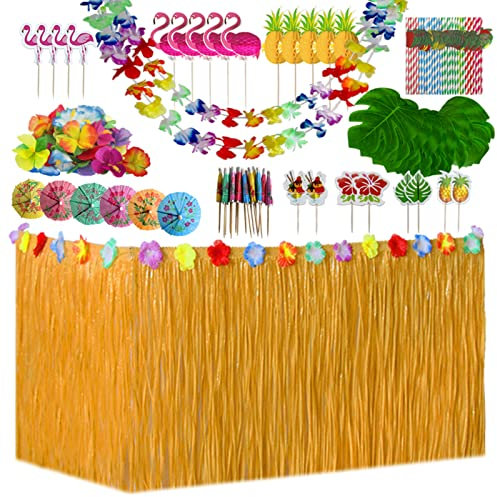 156-teiliges hawaiianisches tropisches Party-Dekorationsset, hawaiianischer Gras-Tischrock, Hawaii-Girlande, Palmblätter, farbige Regenschirme, 3D-Obst-Strohhalme, Strand, Sommerparty (Strohfarbe)