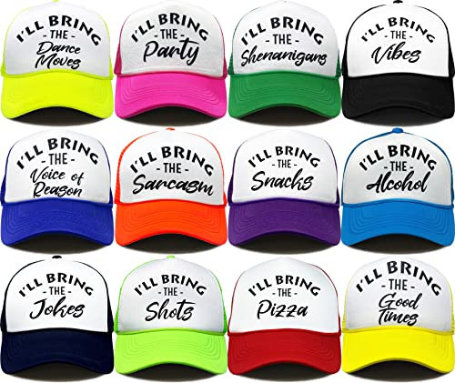 Funky Junque Lustige Trucker-Hüte für Damen: Erwachsenen-Humor für Junggesellinnenabschiede & Mädchenausflüge, Gruppen 3–25, Netzhut – I'll Bring The's, 12 - Happy Pack, Einheitsgröße