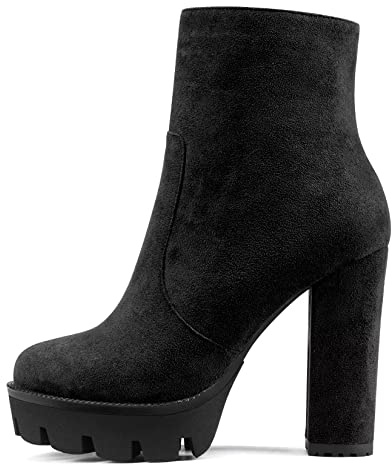 NobleOnly Donna Chunky Blocco Alto High Piattaforma Tacco Heel Rotonda Punta Stivaletti Cerniera Feste Classico Stivali