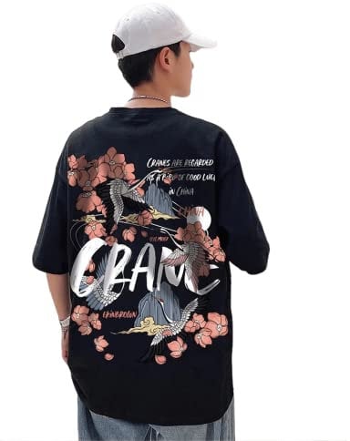Men Women Japanese Anime T Shirt, Chinese Crane Graphic Letter Print Tee Vintage Y2K Short Sleeve Top Oversized Streetwear, Black, XXL