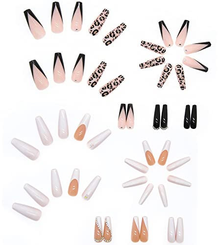 SWYSGS 48pcs faux ongles longs faux ongles femmes et filles design de luxe élégant (léopard, blanc avec diamants)