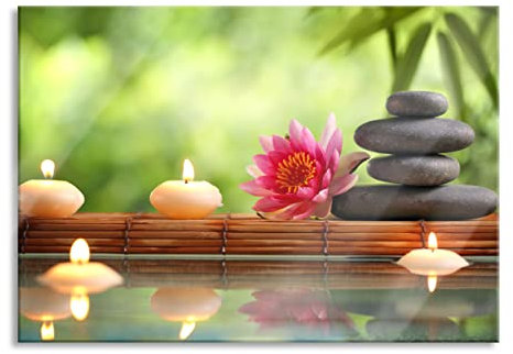 Pixxprint Glasbild, Wandbild aus Echtglas, Seerose mit Zen Steinen im Tempel, 80x60 cm, inkl. Aufhängung und Abstandshalter