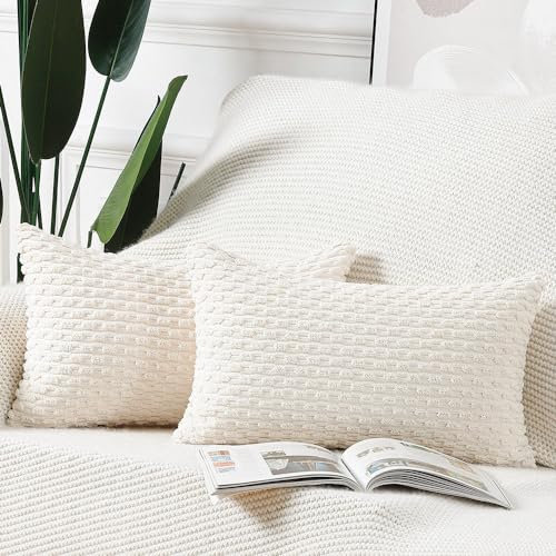 Madizz 2er Set Boho Gestreifte Kissenbezüge Weicher Kord Dekorativer Kissenbezug für Schlafzimmer Sofa Kissenhülle Creme Weiß 30 x 50 cm