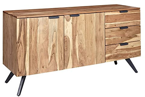 möbelando Sideboard 145x75x45 cm Akazie Massivholz Anrichte Modern Flurschrank | Kommode mit 3 Schubladen & 2 Türen | Schubladenkommode Massiv Echtholz