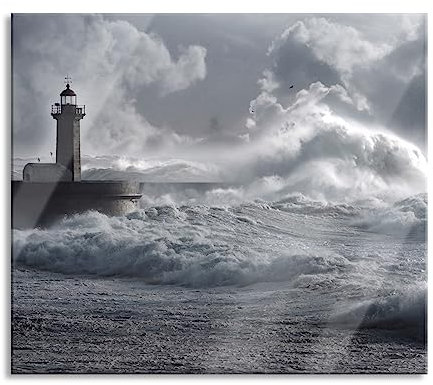 Pixxprint Sturmwellen Leuchtturm Portugal Plaque de protection pour cuisinière et protection anti-éclaboussures en verre véritable 60 x 52 cm