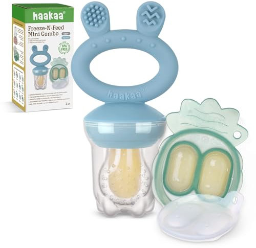 Haakaa Baby Fruit Food Feeder & Mini Freezer Nibble Tray Combo, Breastmilk Popsicle Molds for Baby Cooling Relief, BPA Free Silicone Feeder for Safe Infant Self Feeding, 4 Month+ (Sky Blue)