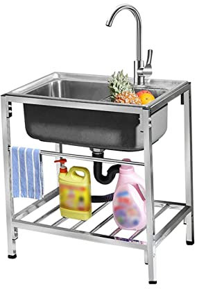 Spülbecken Für Außen Innen, Freistehende Küchenspüle Waschtrog Mit Ständer, Großes Fassungsvermögen, 304 Edelstahl Gewerbe-spülbecken Mit Wasserhahn, Waschbecken Antis-Verstopfung
