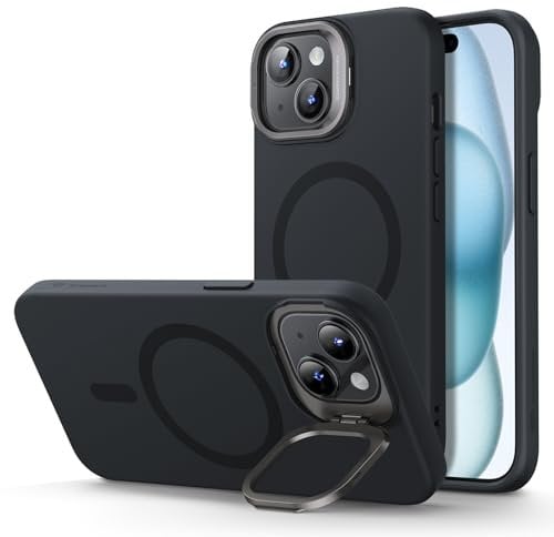 ESR for iPhone 15 Case, MagSafe Silicone Case with Stand, Military-Grade Protection, Built-In Camera Stash Stand, Magnetic Phone Case for iPhone 15 Pro Max, Cloud Series, Black