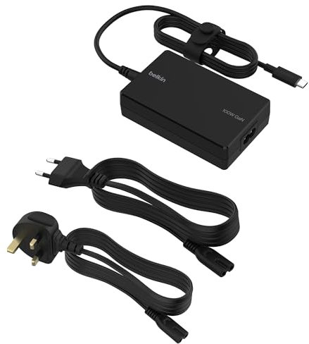 Belkin Connect Core Adattatore di alimentazione GaN USB-C, alimentatore rapido USB-C universale, Power Delivery 100W, 2 cavi di alimentazione con prese EU/UK, per gaming, MacBook, laptop e Chromebook