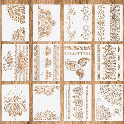 LPAMABA 12er Set 29x21cm Blumen Grenze Schablonen Mandala Malschablonen Vintage Malerei Malen Schablonen Wand Schablonen zum Malen Zeichnung Zeichnen Schablonen für Möbel Kachel Boden Ornamente