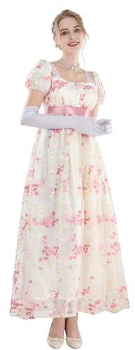 FCCAM Women's Regency Dress Jane Austen Long Vintage Dresses Victorian Ball Gown with Gloves Empire Waist Dress, M