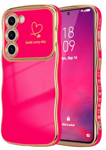 LCHULLE Compatibile con Samsung Galaxy S23 5G Cover cuore d'amore Custodia con forma ondulata e riccia ragazze Protezione della fotocamera Cover galvanizzata Custodia per Samsung S23 5G Rosa rossa