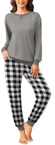 Ekouaer Pyjama Damen Schlafanzug Lang Pyjama Set Herbst Winter Nachtwäsche Zweiteiliger Sleepwear Soft Loungewear Hausanzug grau M