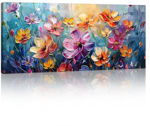 Mit Rahmen Großes Leinwandbilder Wandbilder, Bunte Weinlese Blumen Abstrakt bild auf leinwand Wandkunst Lila Rot Floral Kunstdruck Deko für Wohnzimmer Schlafzimmer fertig zum Aufhängen 120x50cm
