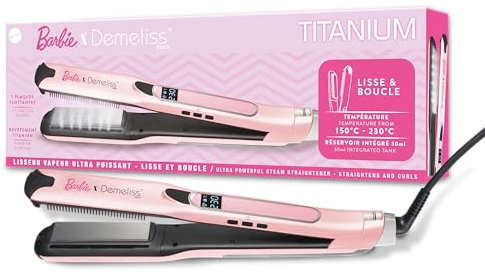 Demeliss - Plancha de vapor Titanium V2.0 - Planchas flotantes finas, ligeras y ergonómicas, ultra potente, ajustable, plancha de vapor 2 en 1 alisador y rizador - todo tipo de cabello - rosa