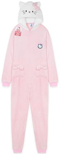 Hello Kitty Sanrio Schlafanzug Einteiler Damen Teens, Flauschiger Kapuzen Onesie Pyjama mit Taschen, Anime Geschenke für Sie (2XL, Rosa)