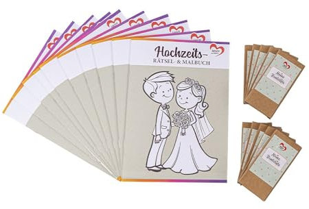 Ideen mit Herz | Hochzeits-Rätsel- & Malbuch für Kinder | 10er Set | inkl. Buntstifte | Beschäftigung für Kinder | Gastgeschenke Hochzeit