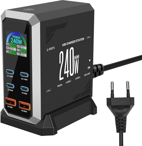 Chargeur USB-C 240 W Multi-USB, 6 Ports Rapides, Station de Charge GaN Power avec 4 Ports USBC et 2 Ports USBA pour MacBook Air, iPad, iPhone 16, 15 Pro, 14, 13, 12, Galaxy S22, S20