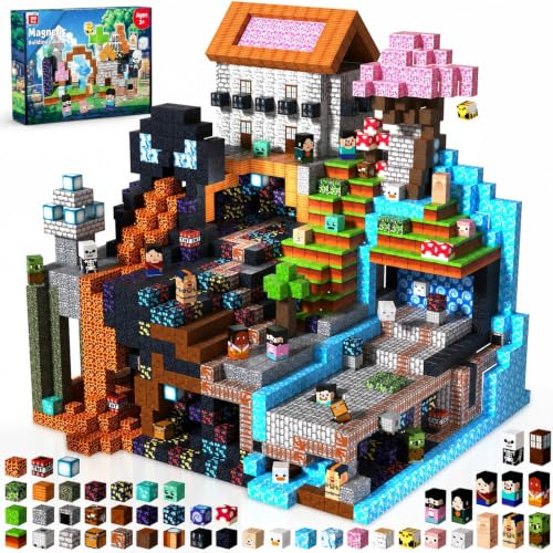 Magnetische Bausteine 150 Teile »Block-Abenteuer« – Inspiriert vom Kult-Film! Magnetbausteine mit Skeletten, Gleisen & Familien-Figuren Kinder Spielzeug ab 4 5 6 7 Jahren