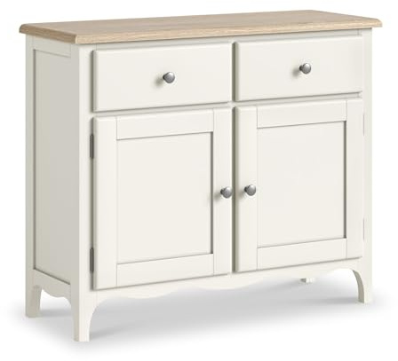 RoselandFurniture Celine Coconut White Small Sideboard for Living Room | Fully Assembled, Wooden Storage Cabinet with 2 Doors and 2 Drawers, Washed Oak Top, French Shabby Chic Style