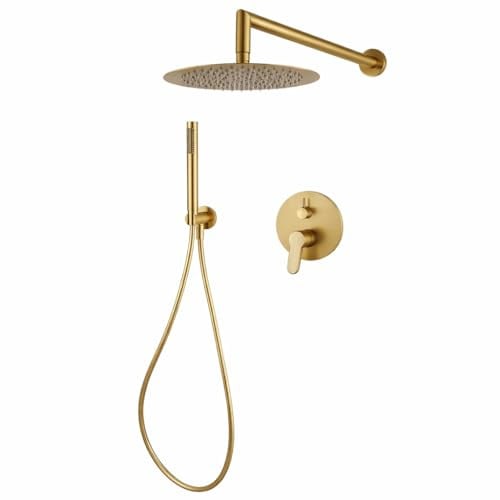 Topolenashop Set Doccia Incasso 2 Vie Oro Tondo – Sistema Doccia Completo con Soffione 25 cm, Doccetta, Braccio 40 cm, Flessibile 180 cm, Miscelatore Monocomando, Design Moderno | 87896